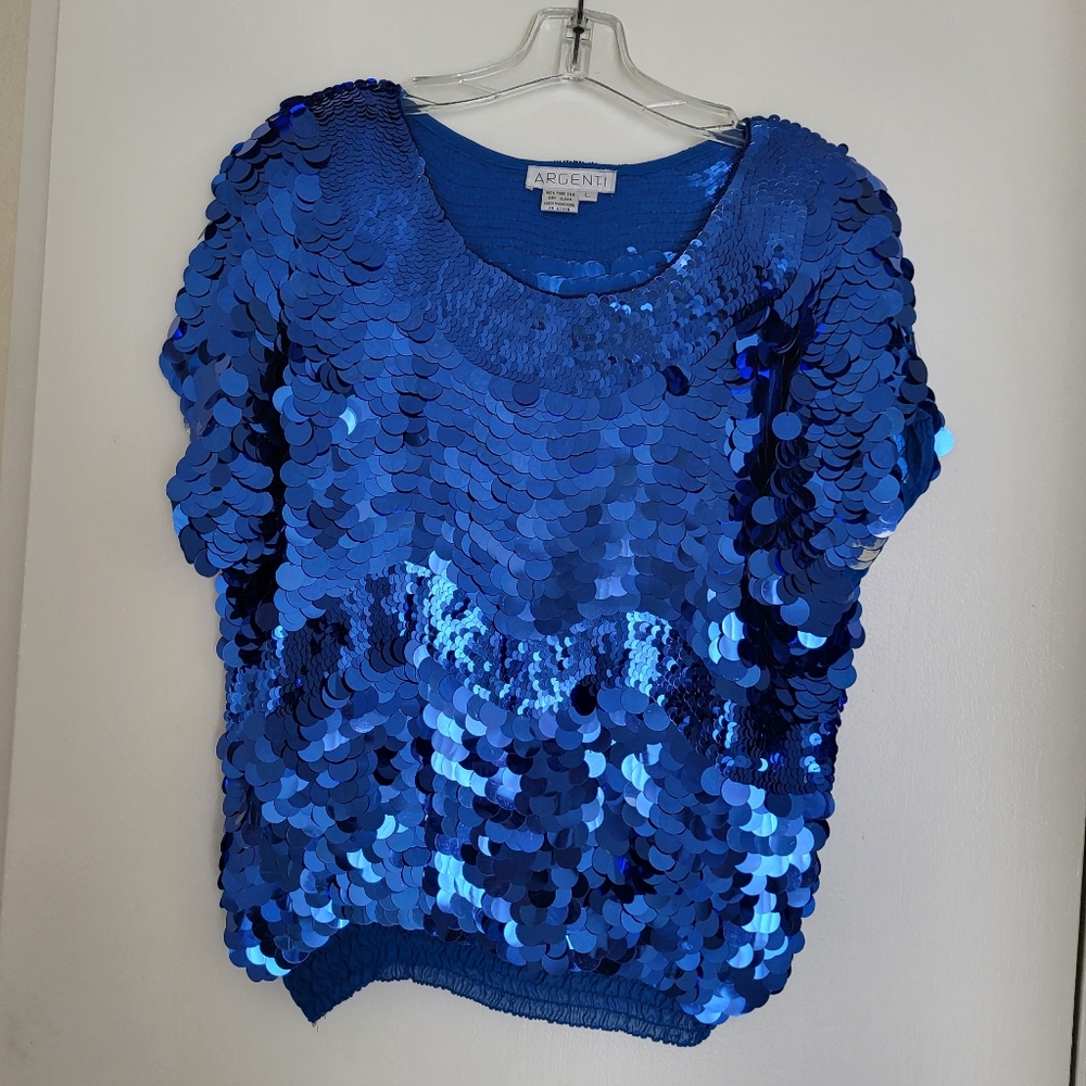 VTG Argenti Blue Sequin Top Womens L Silk 80's Dico Evening